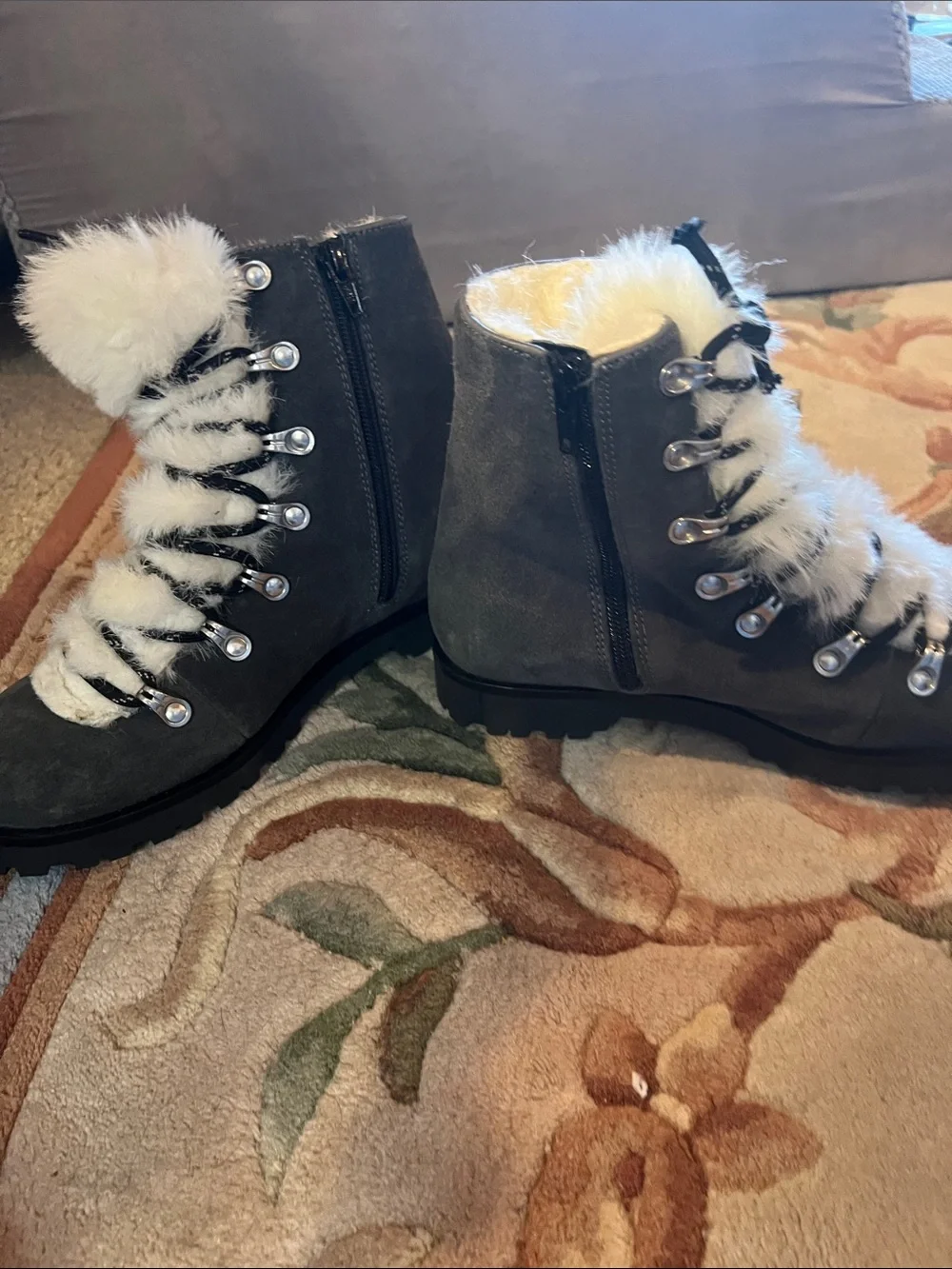 BearPaw Women’s Gray Suede Faux-Fur Lace-Up Winter Boots with Cream Fur Trim